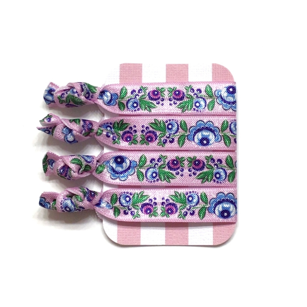 4-Pack Folk Art Floral Pink Purple Blue Bohemian Flower FOE Elastic Hair Ties